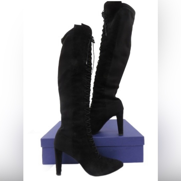 Stuart Weitzman Highstrung Suede Black Boots Stretch Knee Thigh Hi Lace Up Sz 10 - Picture 7 of 11